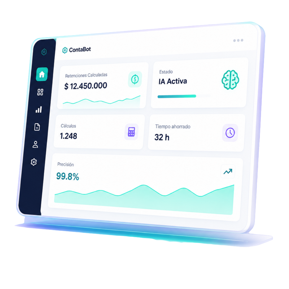 Dashboard ContaBot con métricas de retenciones, cálculos, tiempo ahorrado y precisión